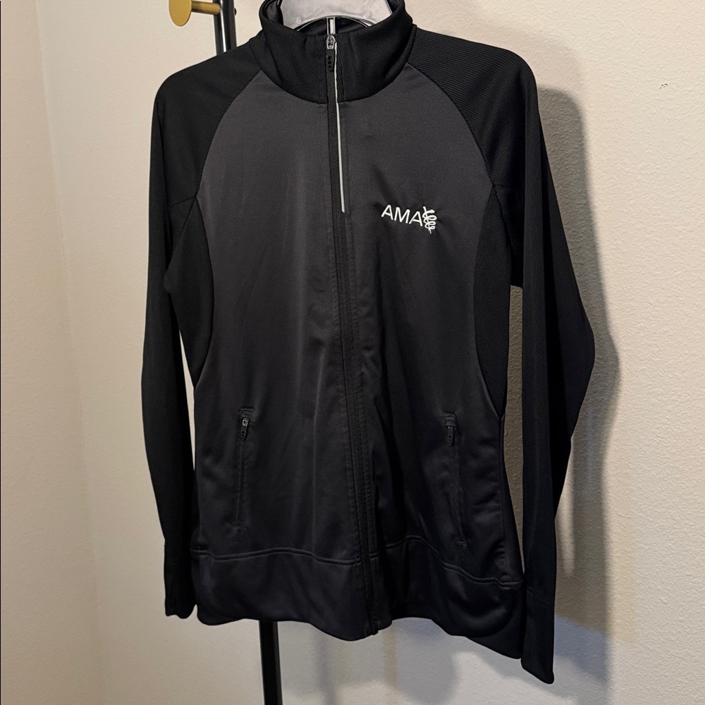 Elevate Black Zip-Up Athletic Jacket with AMA Logo Size Medium